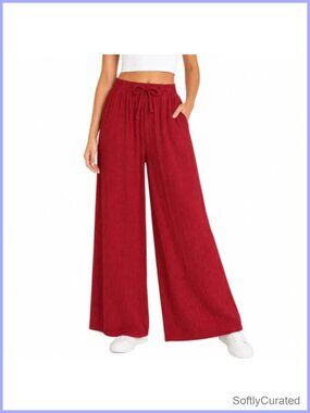 Women's Wide Leg Palazzo Lounge Pants Elastic Waist Lightweight Crinkle